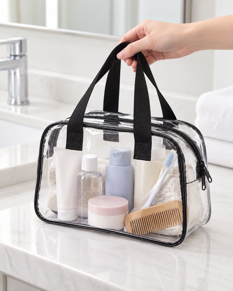Hand lifting a large clear toiletry bag by its handles from a bathroom counter, packed with lotion, a toothbrush and a wooden comb.