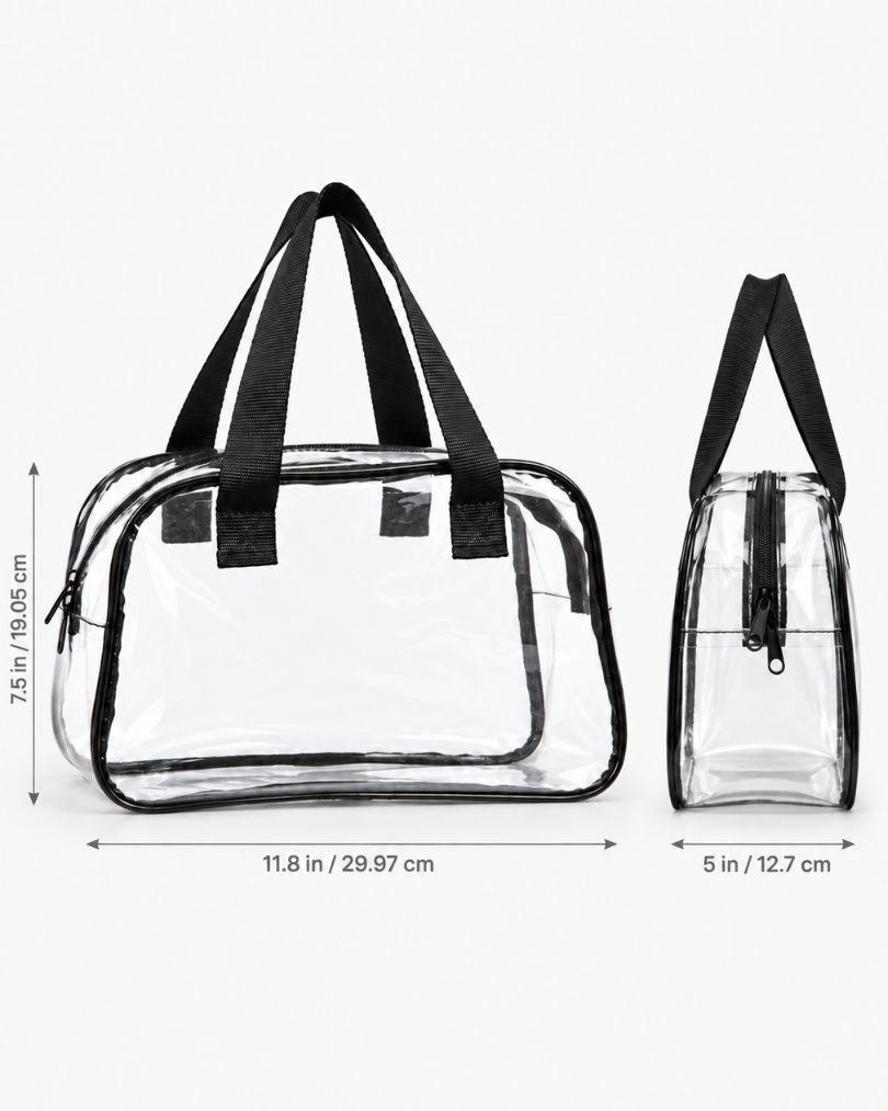 Large clear toiletry bag dimensions shown as 11.8 x 7.5 inches from the front and 5 inches deep from the side, or 29.97 x 19.05 x 12.7 cm.