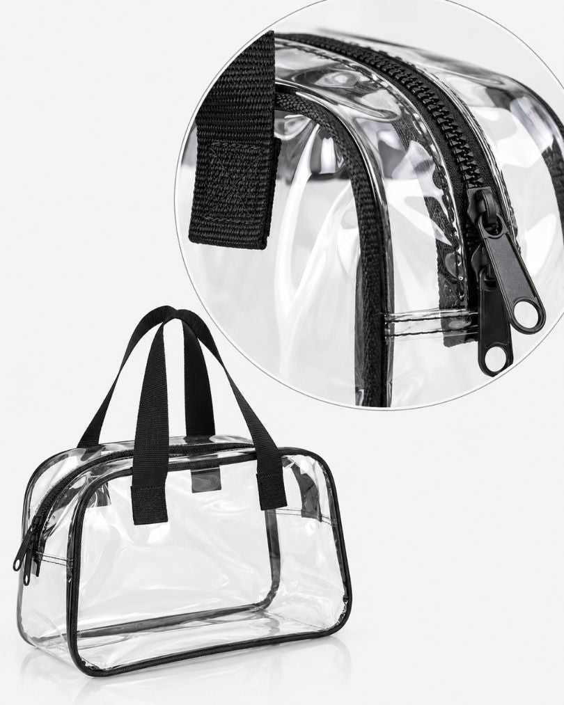 Close-up of the large clear toiletry bag's zipper pull and handle attachment, shown beside the full empty bag for scale.
