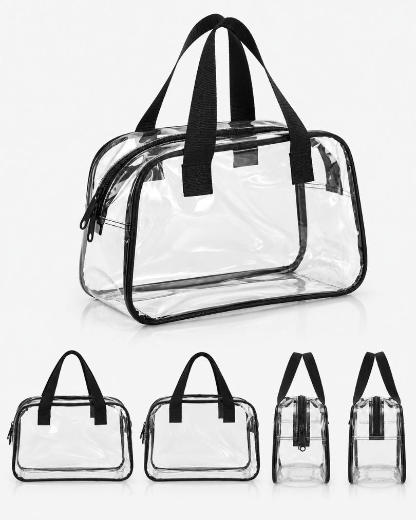 Large clear toiletry bag shown from multiple angles: three-quarter view, front, and both end profiles with the zipper visible.