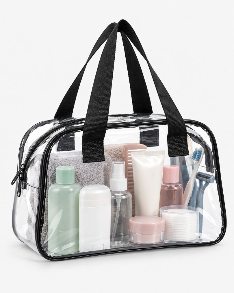 Large clear toiletry bag with black dual carry handles and a top zipper, packed with lotion bottles, a spray bottle, comb, toothbrush, razor and cotton pads.