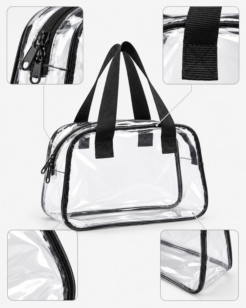 Close-up details of the large clear toiletry bag's zipper pull, handle stitching, corner seam and side edge, shown alongside the empty bag.