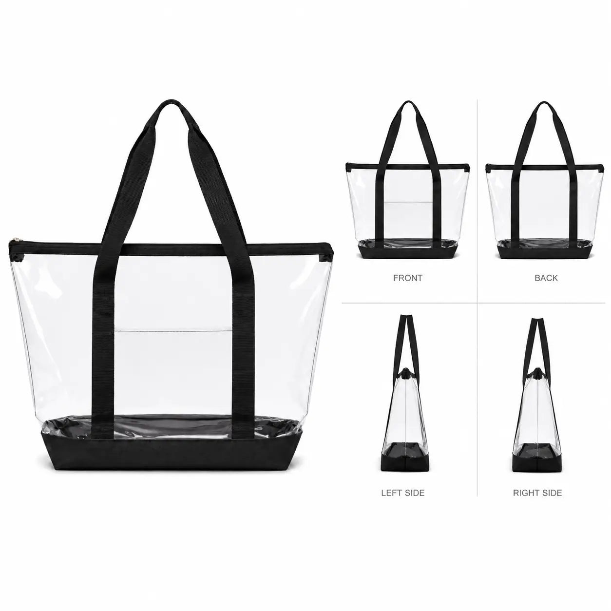 Front and back view of large clear tote bag with black trim and reinforced handles