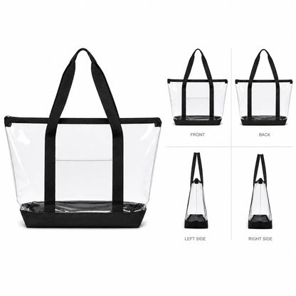 Front and back view of large clear tote bag with black trim and reinforced handles