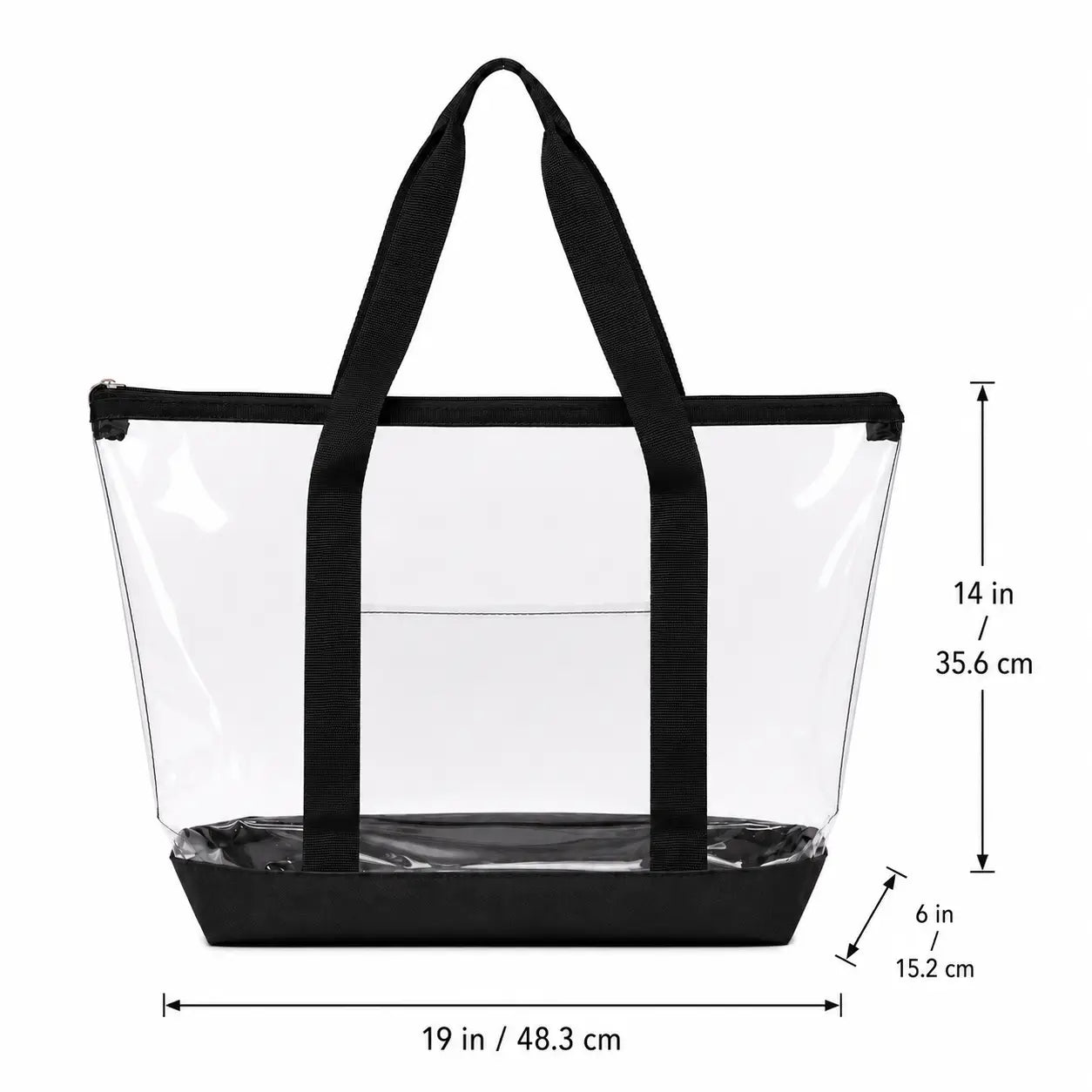 Dimensions diagram of large clear tote bag measuring 19 in wide by 14 in high