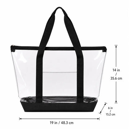 Dimensions diagram of large clear tote bag measuring 19 in wide by 14 in high