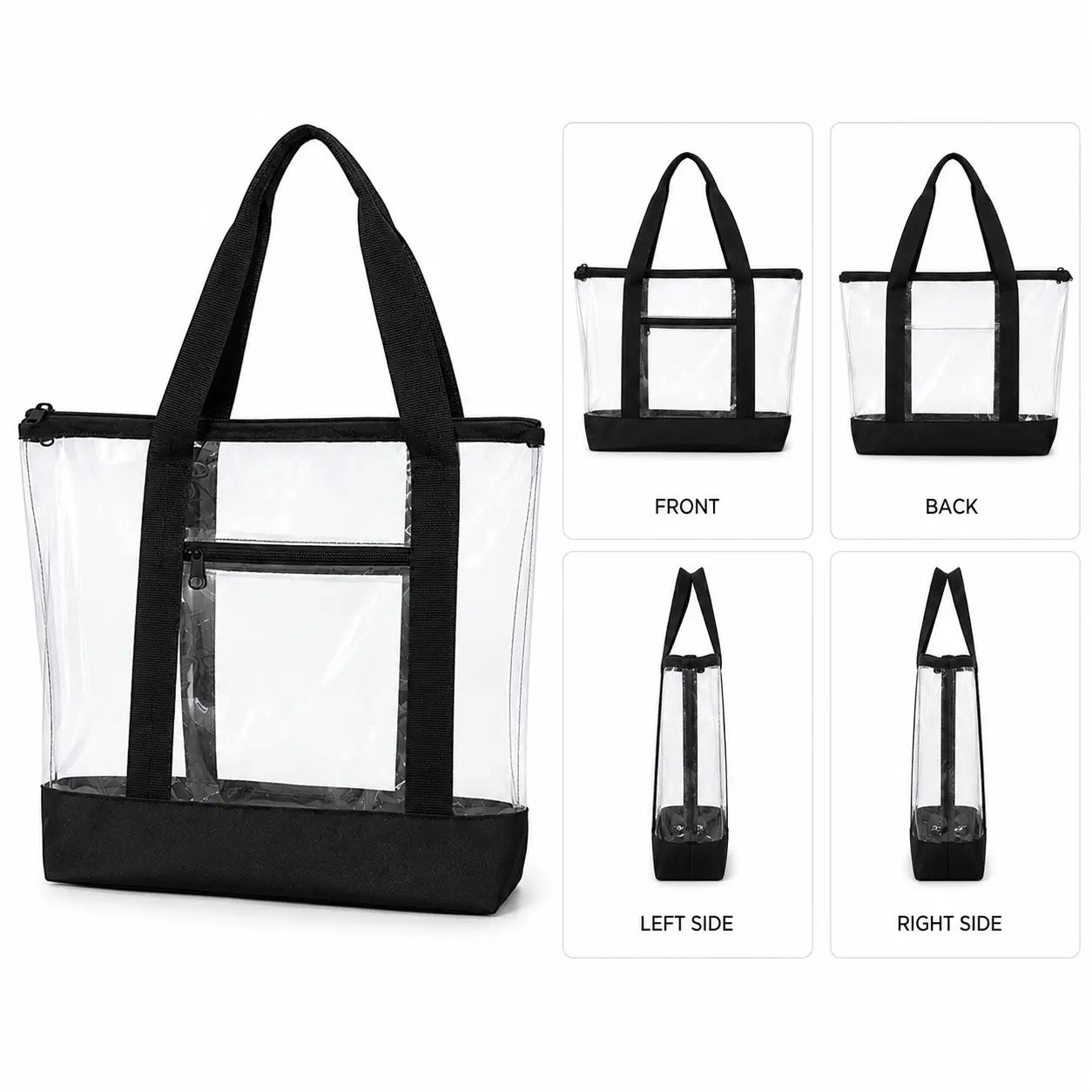 Front and back view of medium clear tote bag with black nylon trim and handles