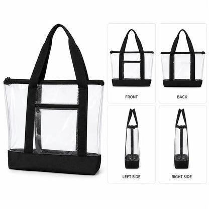 Front and back view of medium clear tote bag with black nylon trim and handles