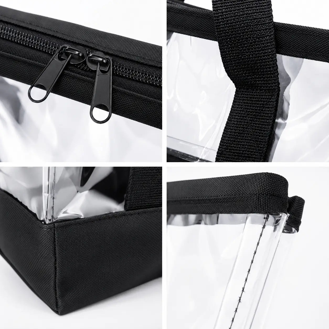 Close-up of black nylon zipper, straps and reinforced corner stitching on clear tote bag
