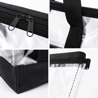 Close-up of black nylon zipper, straps and reinforced corner stitching on clear tote bag
