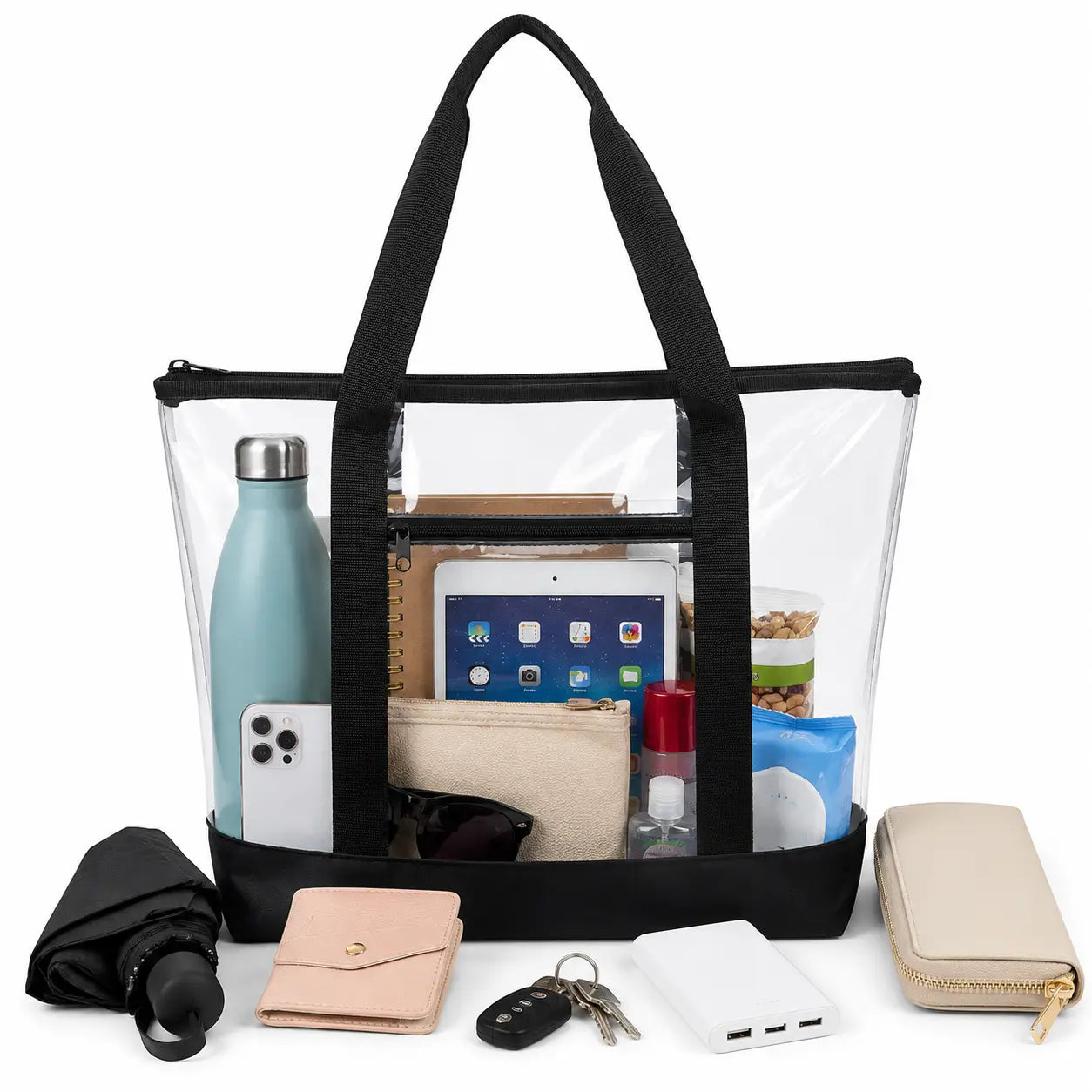 Clear tote bag with black trim filled with a water bottle, tablet, wallet and keys