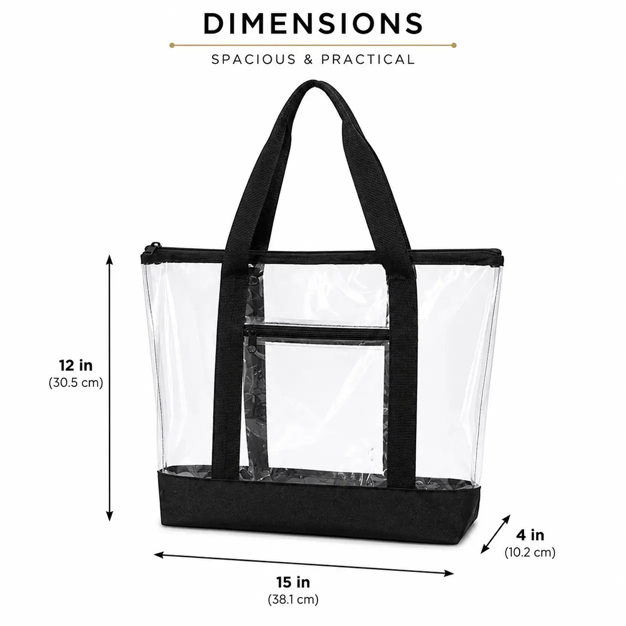 Dimensions diagram of clear tote bag measuring 15 in wide by 12 in high by 4 in deep