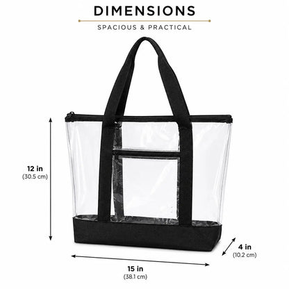 Dimensions diagram of clear tote bag measuring 15 in wide by 12 in high by 4 in deep