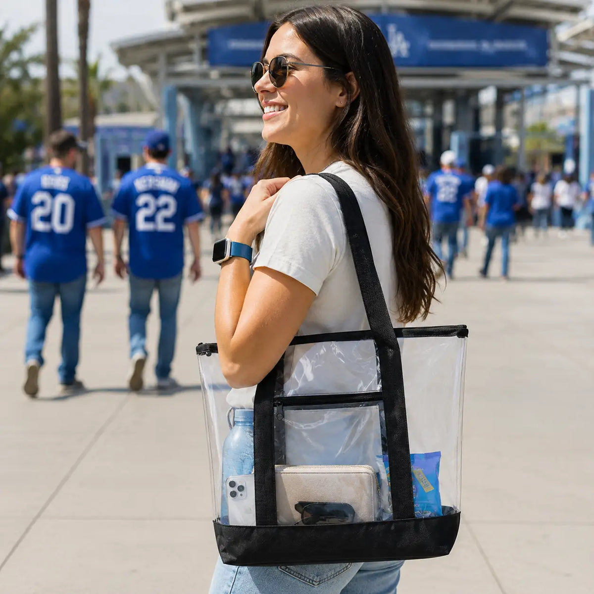 Medium clear tote bag shown in a lifestyle setting