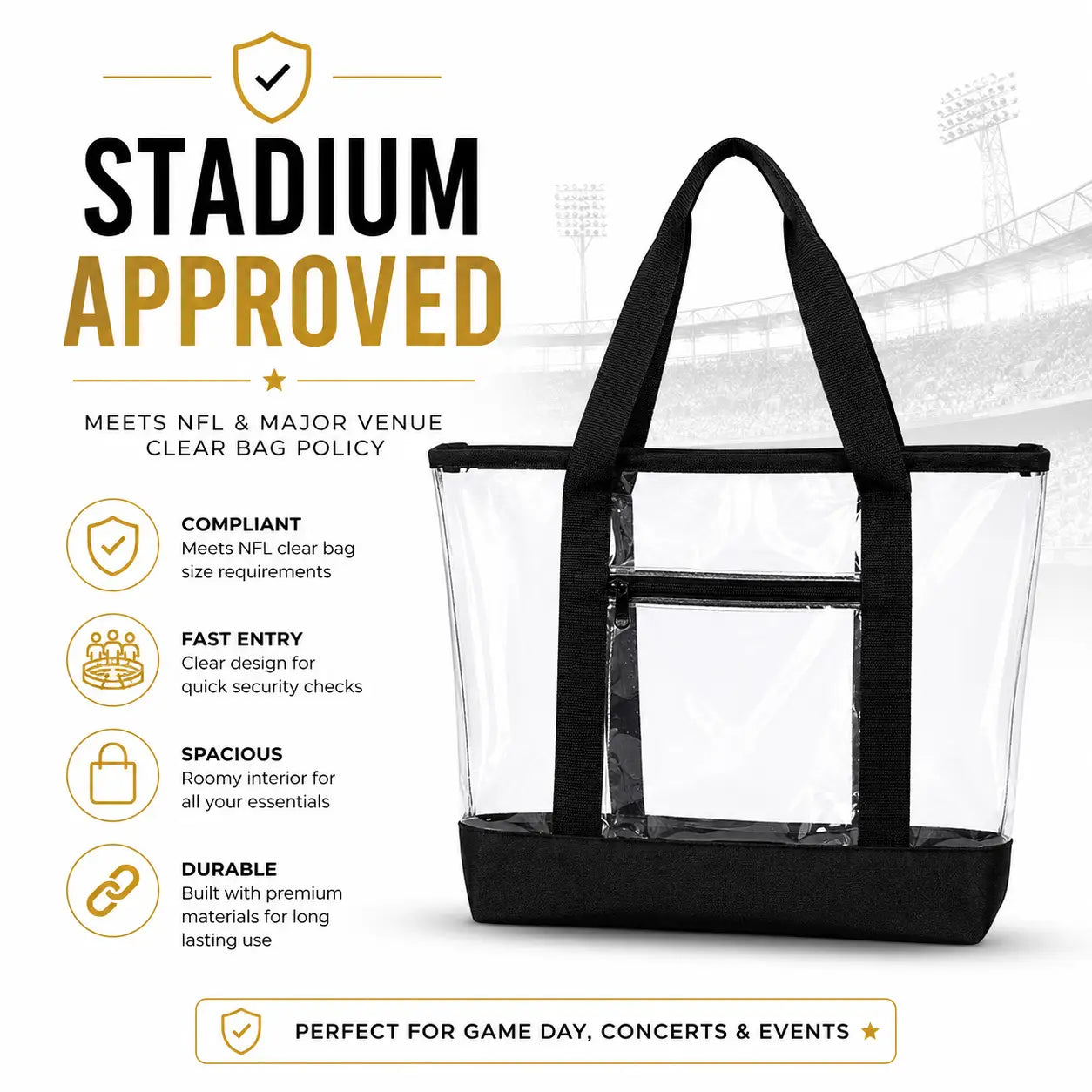 Medium Clear Tote Bag with Zipper & Interior Pocket - Black