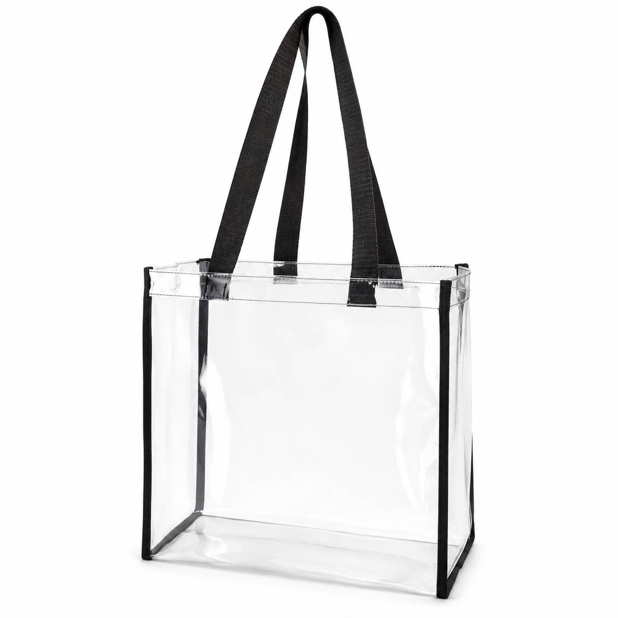 Open-top 12x12x6 clear stadium tote bag with reinforced nylon straps, no zipper
