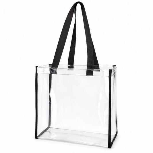 Open-top 12x12x6 clear stadium tote bag with reinforced nylon straps, no zipper