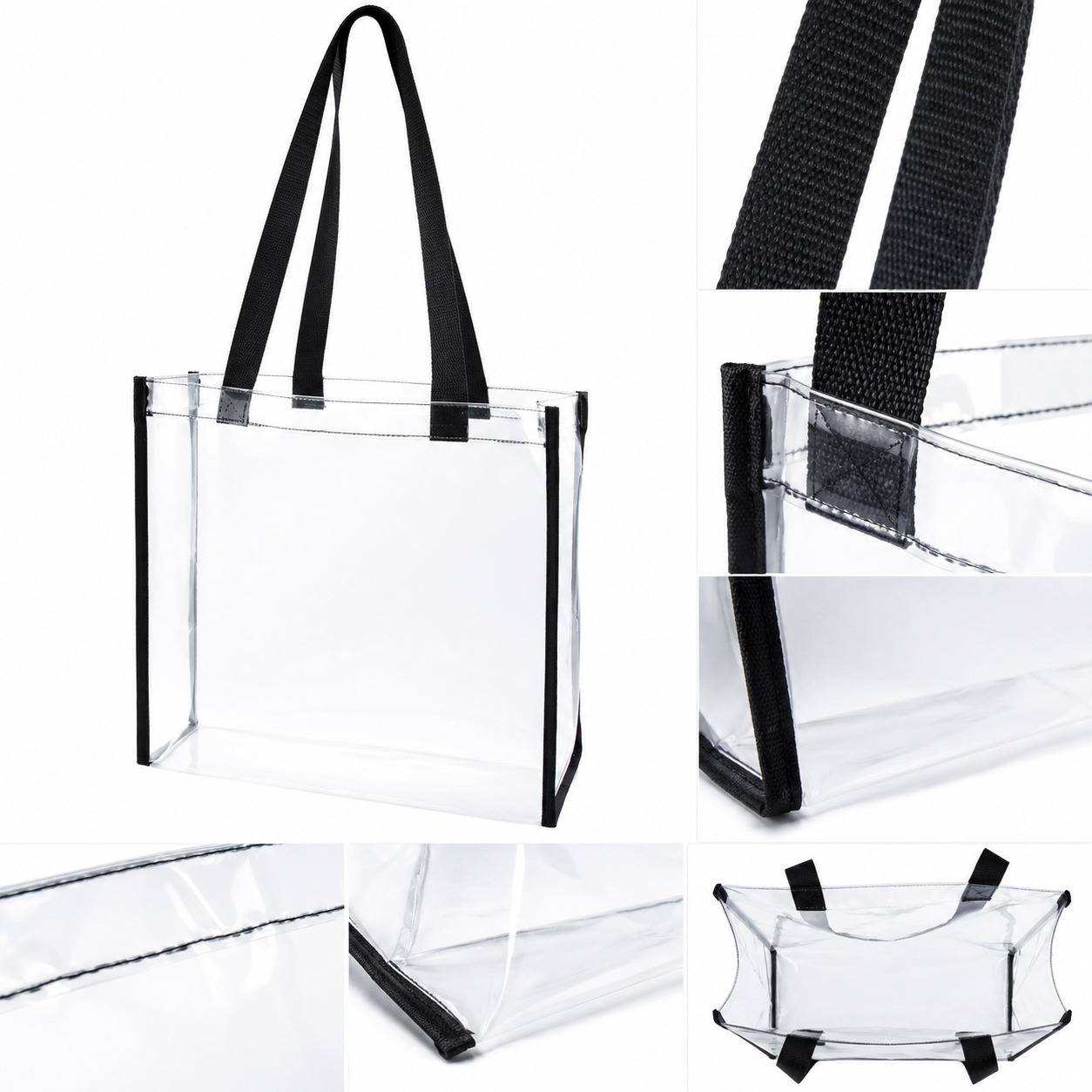 Close-up details of an open-top clear tote: strap stitching, handle attachment, seam edging