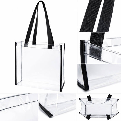 Close-up details of an open-top clear tote: strap stitching, handle attachment, seam edging