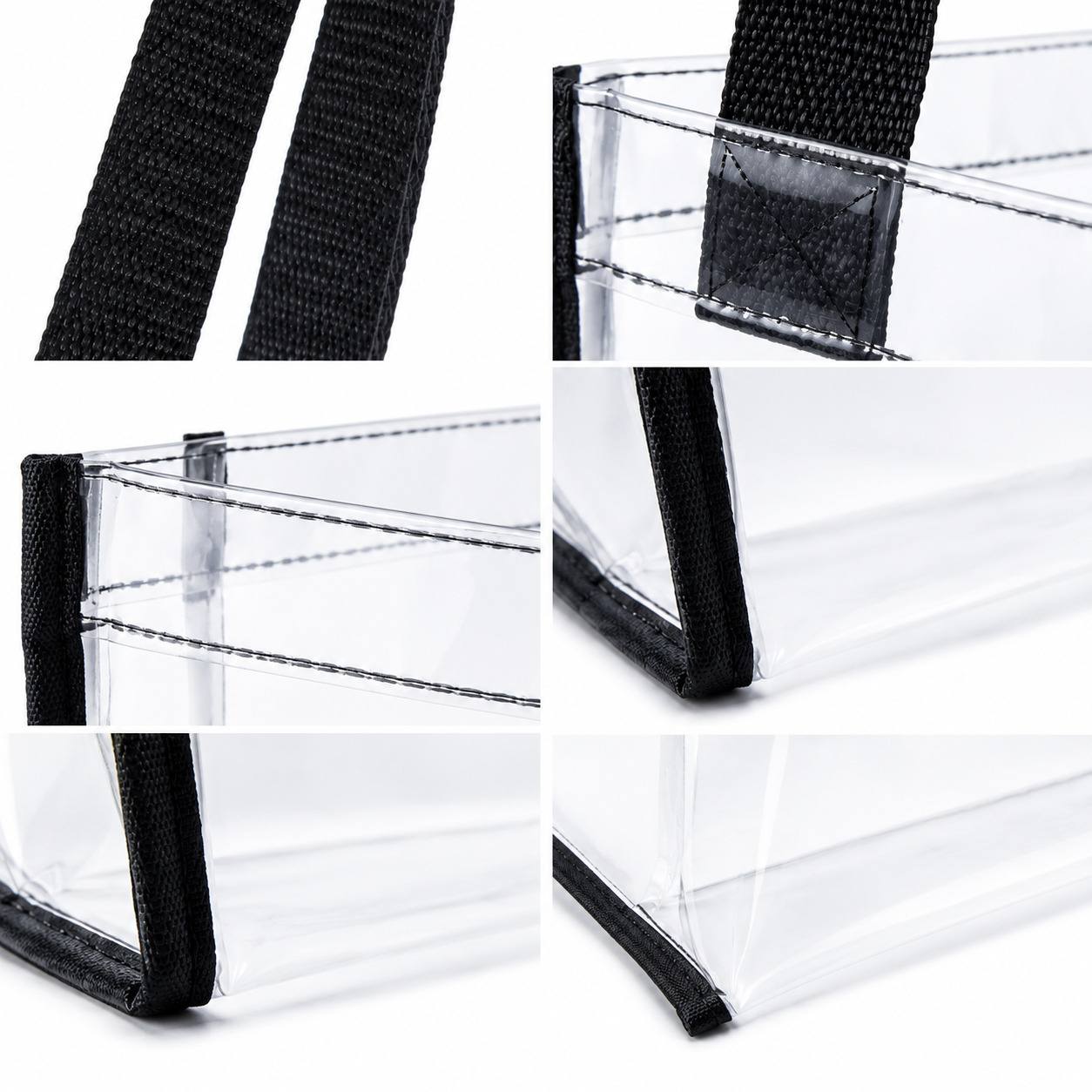 Close-up construction details of a clear stadium tote bag: reinforced corners and stitched trim
