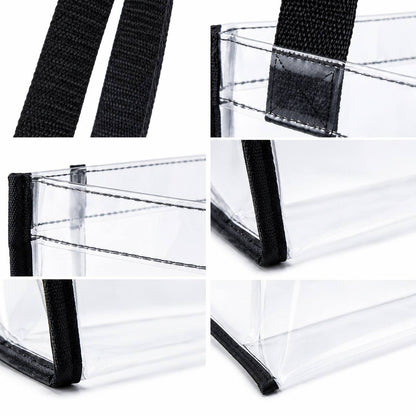 Close-up construction details of a clear stadium tote bag: reinforced corners and stitched trim
