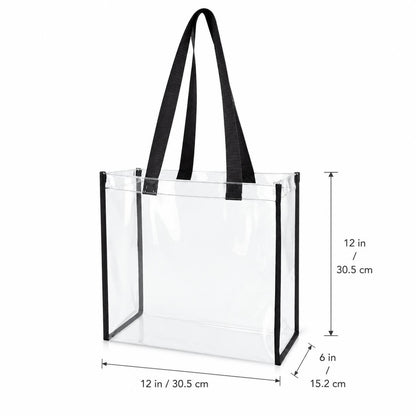 Clear stadium tote bag dimensions: 12 inches wide, 12 inches high, 6 inches deep