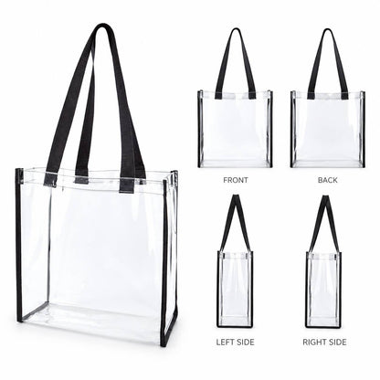 Open-top clear tote bag shown from front, back, left side, and right side