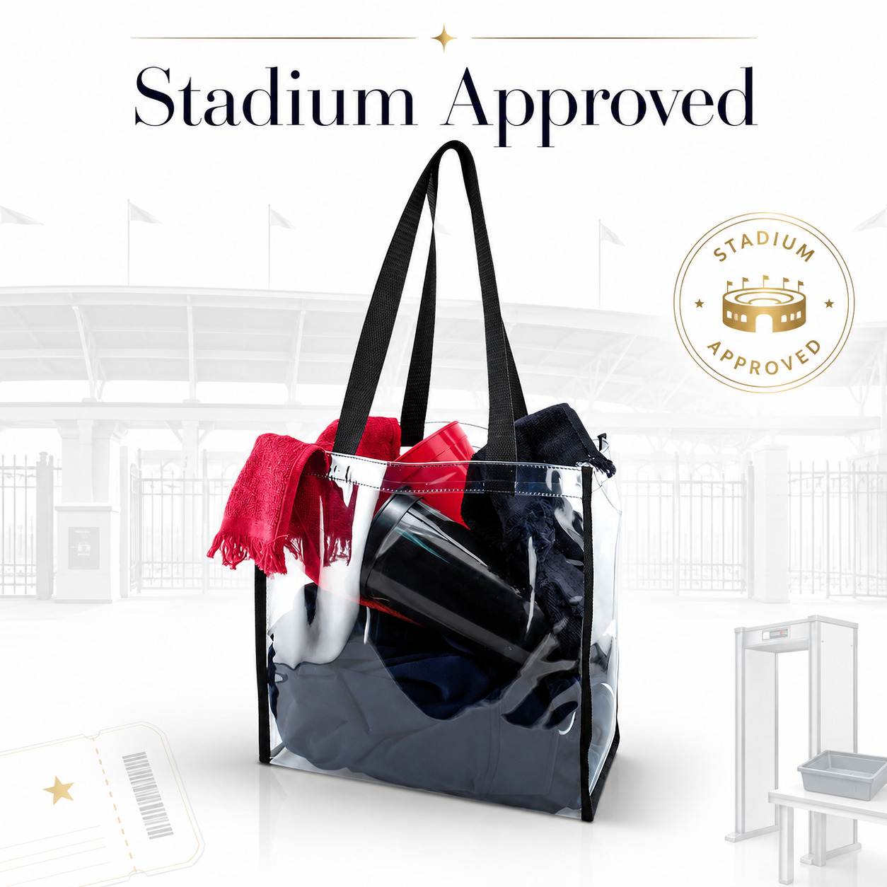 Stadium approved badge graphic showing a 12x12x6 clear tote bag meets venue clear bag policy