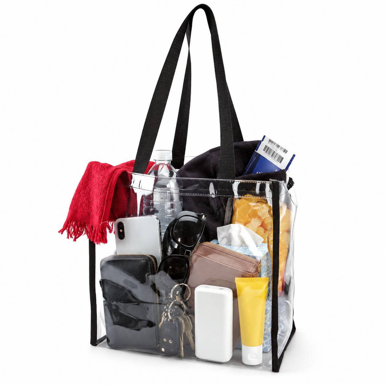 Items packed inside an open-top clear stadium tote: towel, water bottle, wallet, sunglasses