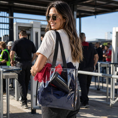 Woman carrying an open-top clear stadium tote bag through a stadium security checkpoint