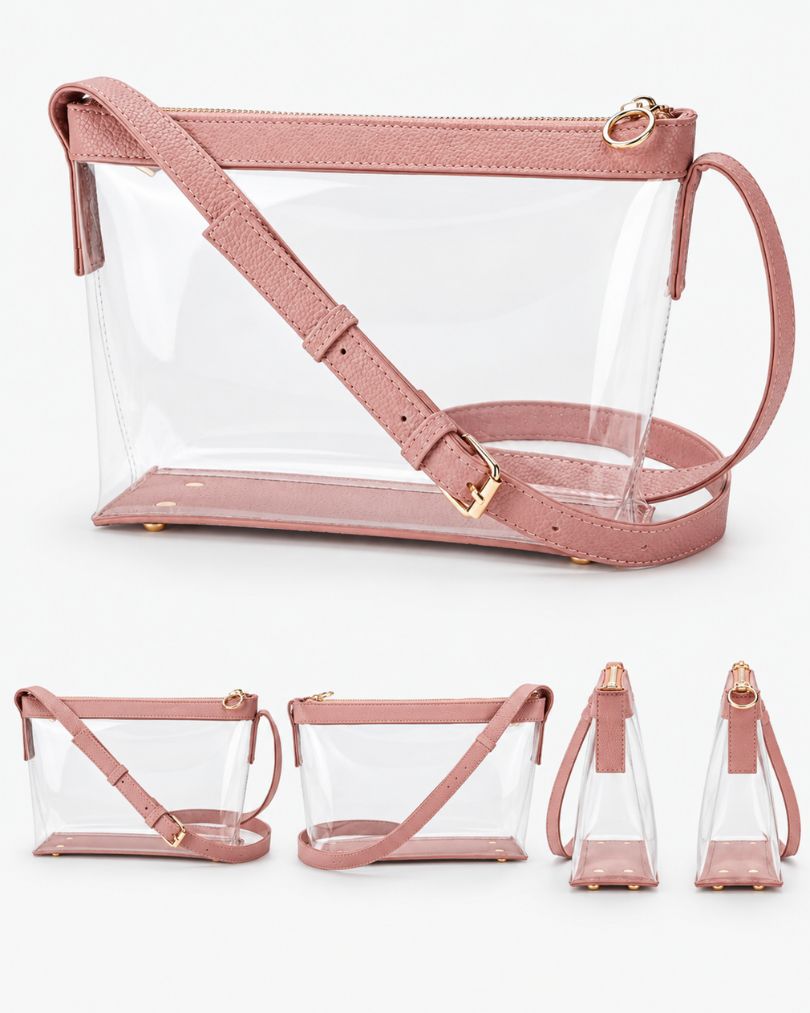Pink clear purse shown from three-quarter, front, back and both side views on a white background