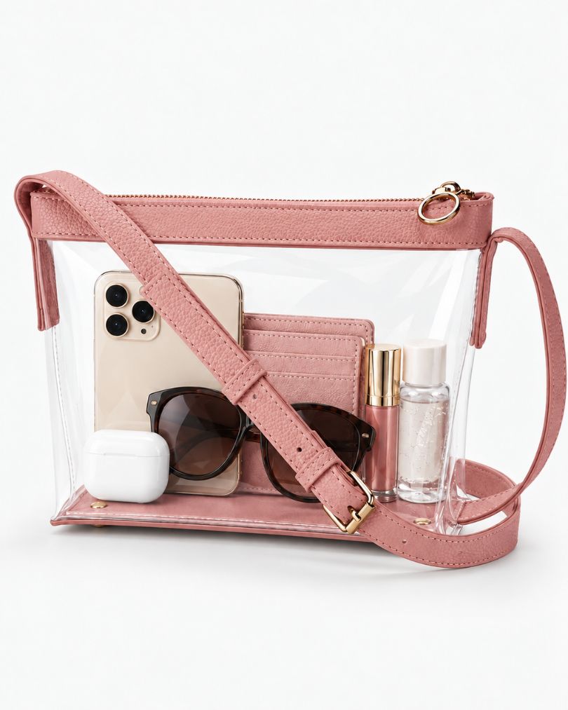 Pink clear purse packed with a large smartphone, a card wallet, sunglasses, an earbuds case, a lip gloss and a small bottle