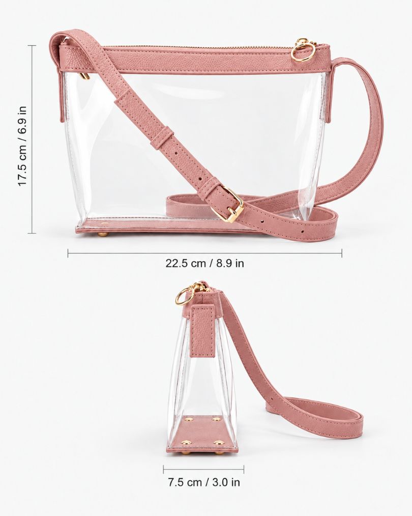 Pink clear purse size diagram showing 8.9 inches (22.5 cm) wide, 6.9 inches (17.5 cm) tall and 3 inches (7.5 cm) deep