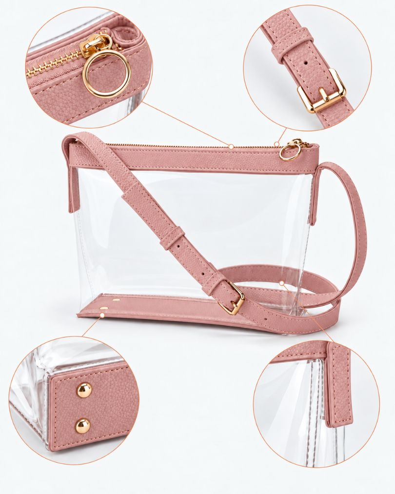 Pink clear purse details: gold-tone zipper and ring pull, strap buckle, base studs and a stitched vegan leather side tab