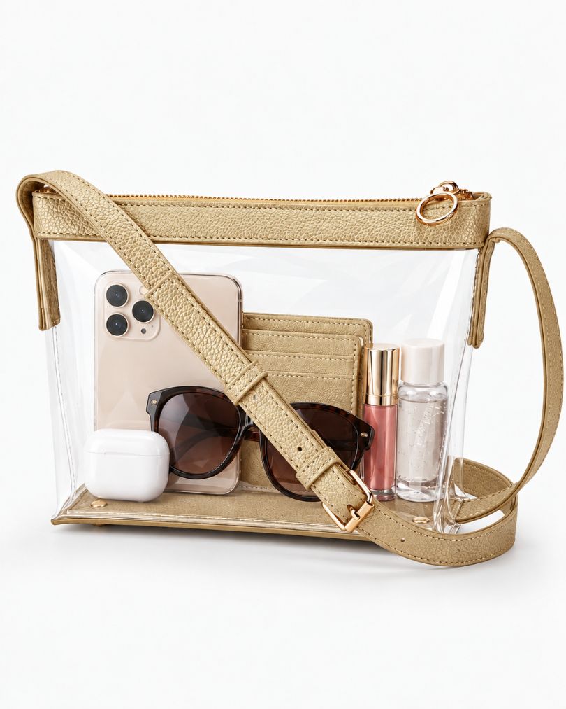 Rose gold clear purse packed with a large smartphone, a card wallet, sunglasses, an earbuds case, a lip gloss and a small bottle
