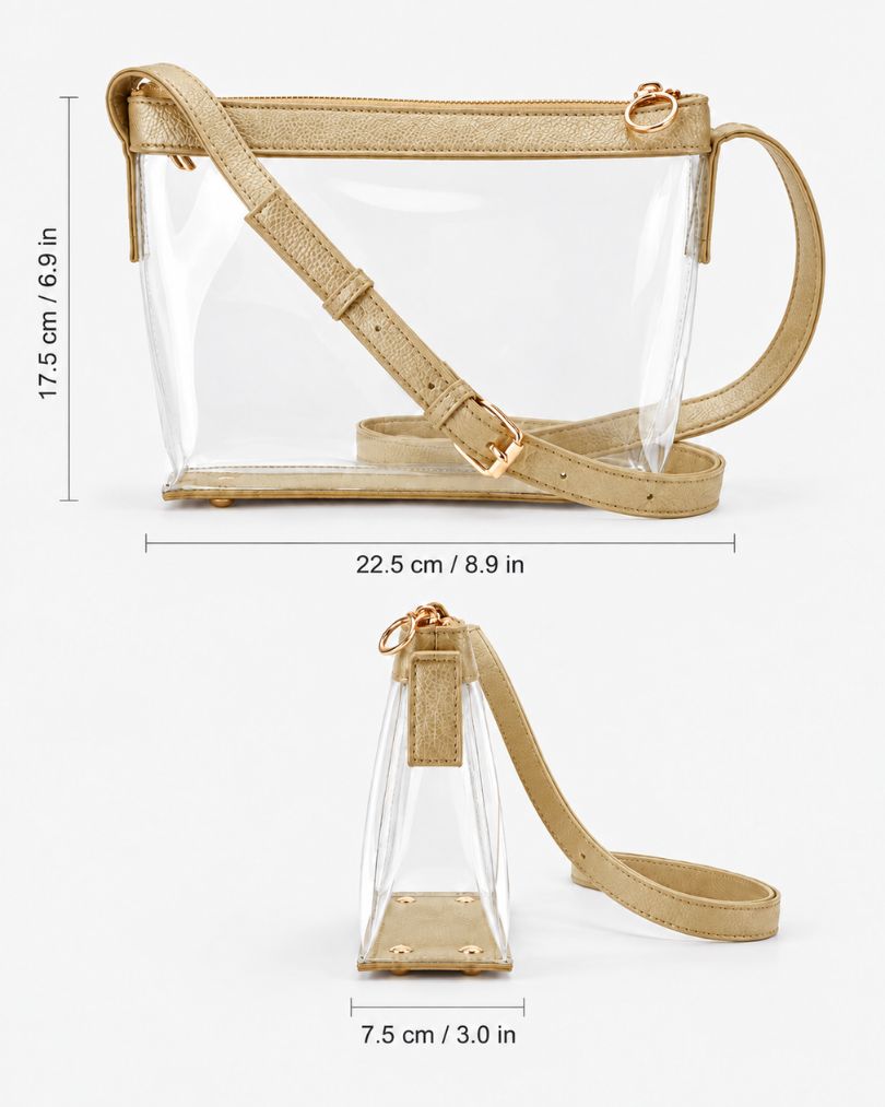 Rose gold clear purse size diagram showing 8.9 inches (22.5 cm) wide, 6.9 inches (17.5 cm) tall and 3 inches (7.5 cm) deep