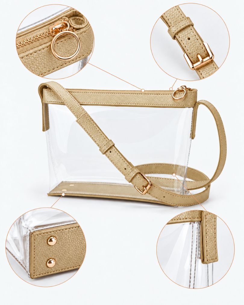 Rose gold clear purse details: gold-tone zipper and ring pull, strap buckle, base studs and a stitched vegan leather side tab