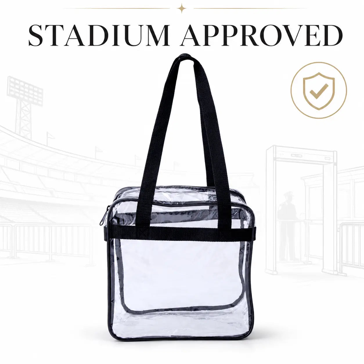 A clear plastic stadium bag with black handles and trim, shown against a white background with faint stadium line drawings and the text 'STADIUM APPROVED' at the top.