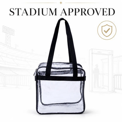 A clear plastic stadium bag with black handles and trim, shown against a white background with faint stadium line drawings and the text 'STADIUM APPROVED' at the top.