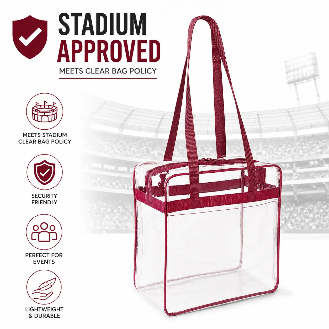 12x12x6 Clear Stadium Bag - Burgundy Trim