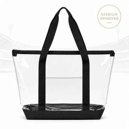 A clear plastic stadium tote bag with black handles and a black base, shown against a white background with a faint stadium graphic and a circular 'STADIUM APPROVED' badge in the top right.