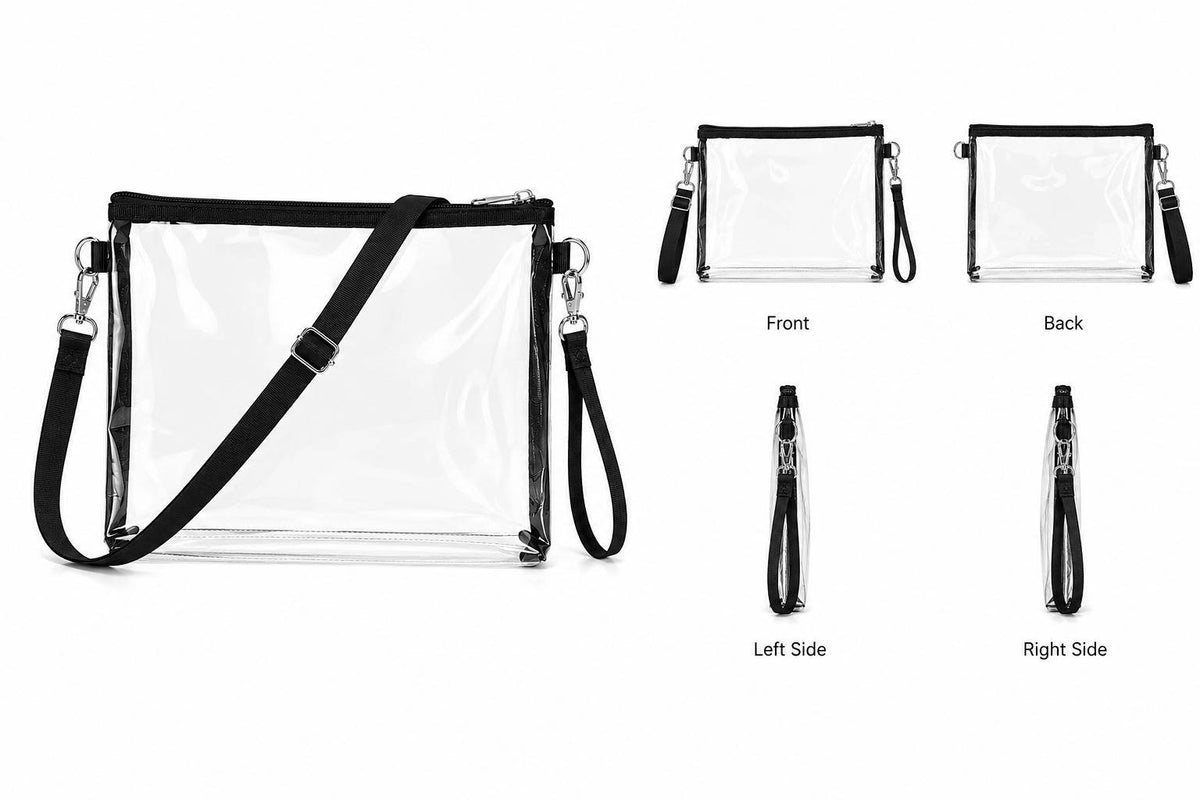 Transparent crossbody stadium bag showing space for phone, wallet, keys, and personal items