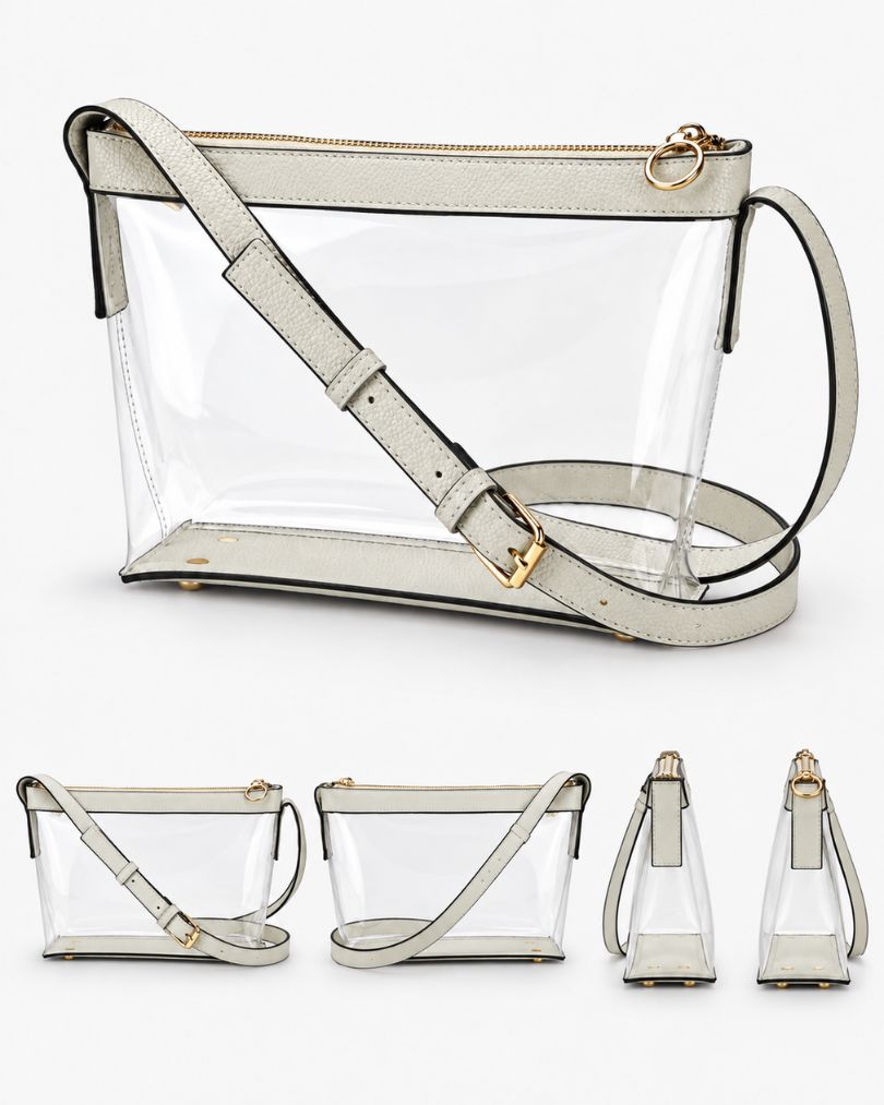 White clear purse shown from three-quarter, front, back and both side views on a white background