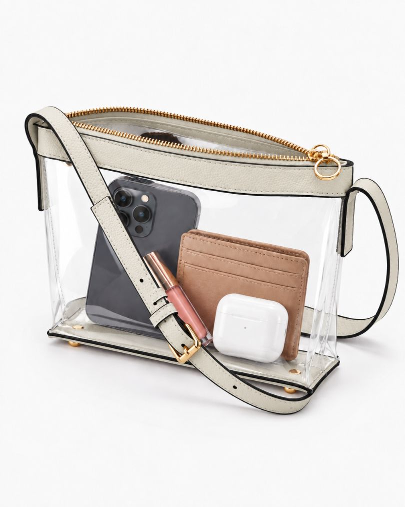 White clear purse with the zipper open, packed with a smartphone, a card wallet, a lip gloss and an earbuds case, on white