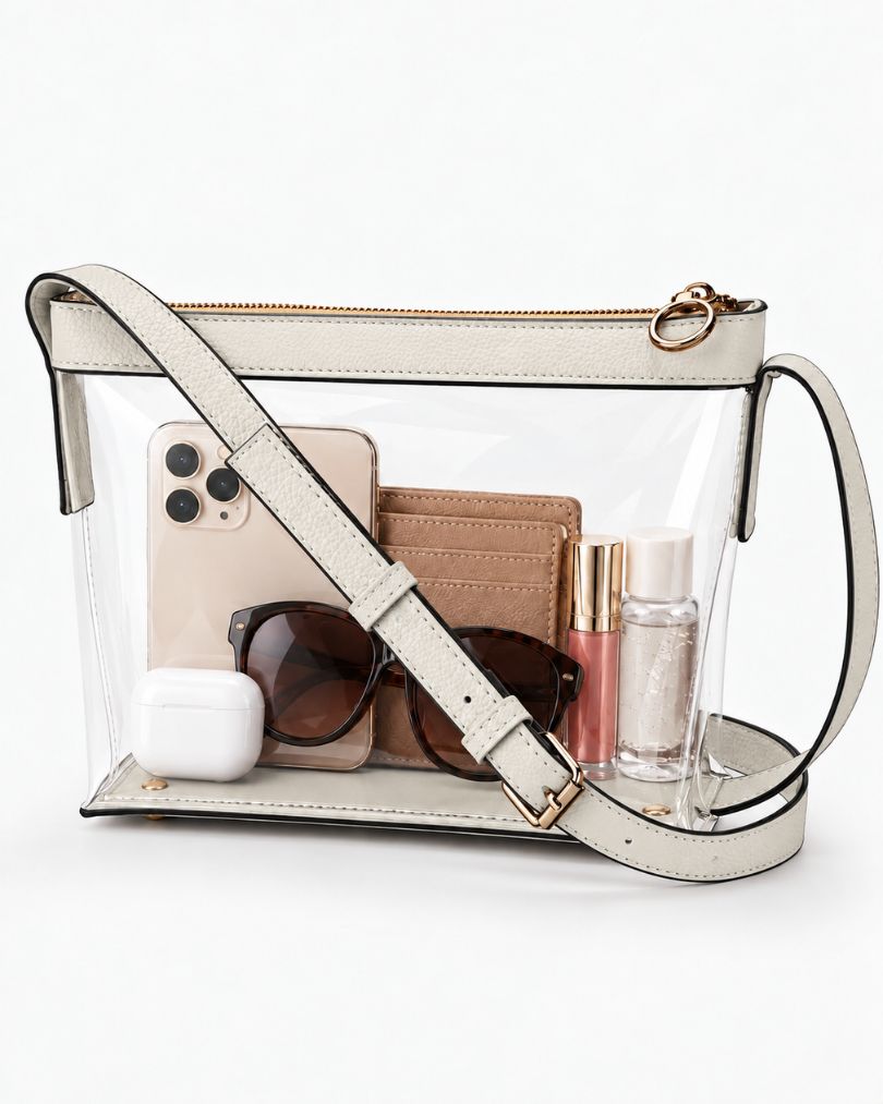 White clear purse packed with a large smartphone, a card wallet, sunglasses, an earbuds case, a lip gloss and a small bottle