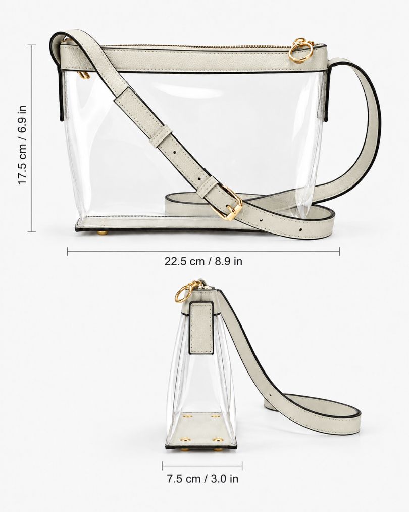 White clear purse size diagram showing 8.9 inches (22.5 cm) wide, 6.9 inches (17.5 cm) tall and 3 inches (7.5 cm) deep
