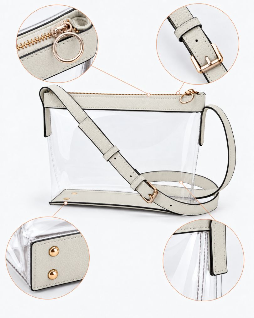 White clear purse details: gold-tone zipper and ring pull, strap buckle, base studs and a stitched vegan leather side tab